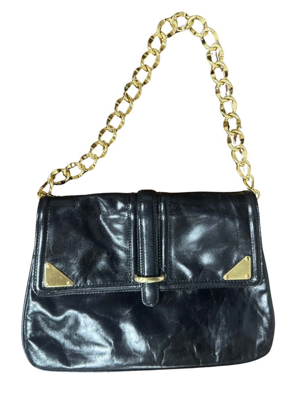 Vintage Kate Landry Black Leather Shoulder Bag with Gold Chain